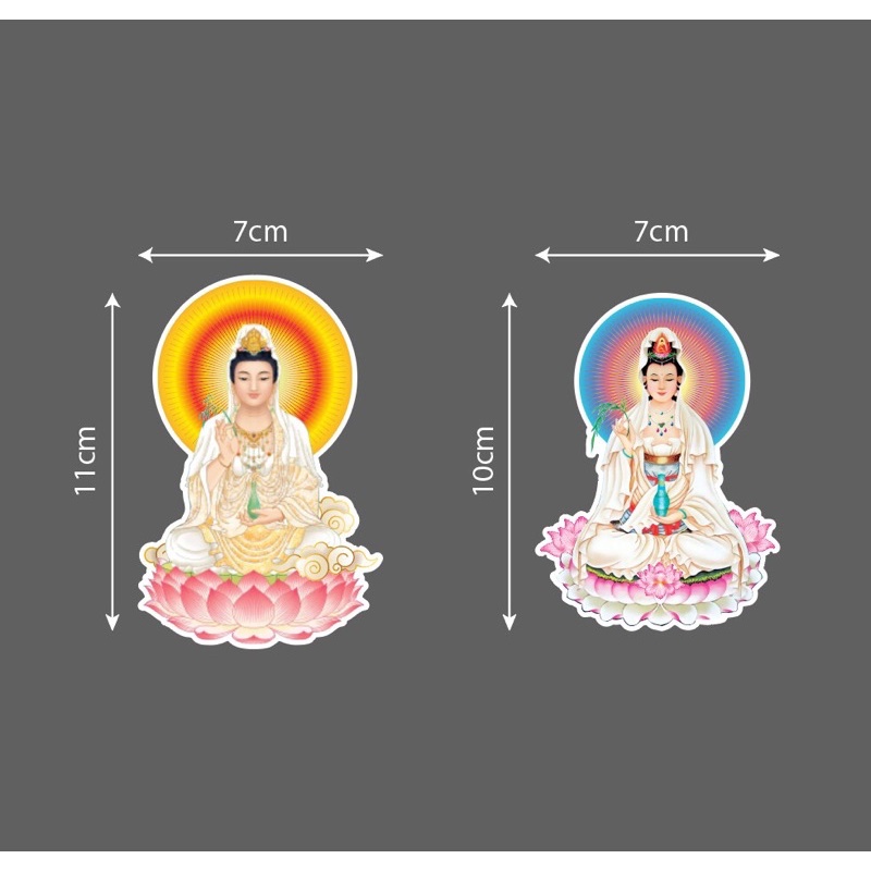 Combo hình Phật Quan Âm cầu bình an, dán xe,nhà cửa kích thước : 7cm x 10cm cáng màng kim tuyến lấp lánh, đẹp sắc nét.
