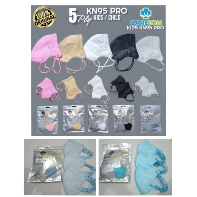 Khẩu Trang kn CAREION PRO Màu Trơn KN95 Trắng Đen Bạc MOCCA 10 LBR Dành Cho Trẻ Em