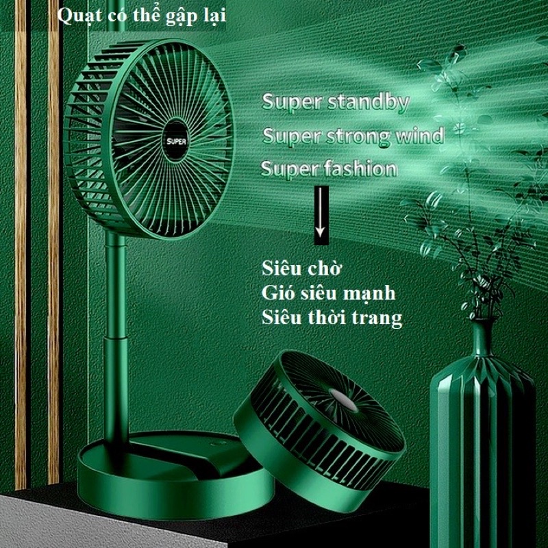 Quạt Sạc Tích Điện Để Bàn Gấp Gọn Super mini Xanh Rêu