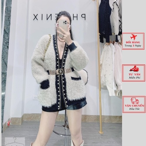 Áo khoác cardigan len nữ lông thỏ viền ngọc oversize dáng dài phom rộng ulzzang Hàn Quốc mùa thu đông