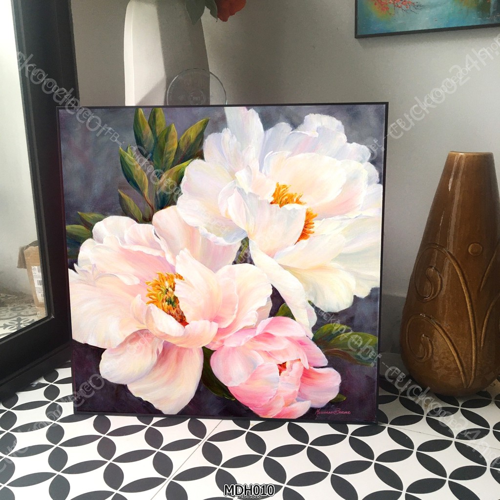 Tranh hoa Mẫu Đơn Hồng - Tranh in canvas đủ khung và đinh treo - kích thước 60x60cm