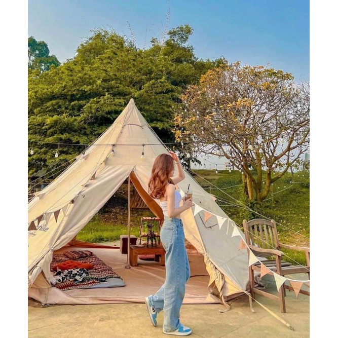 Dây cờ tam giác cắm trại vải Cotton Kaki màu nâu be, Lều Camping Picnic dây cờ dài 3.6m, trang trí Treo tường, Sinh nhật