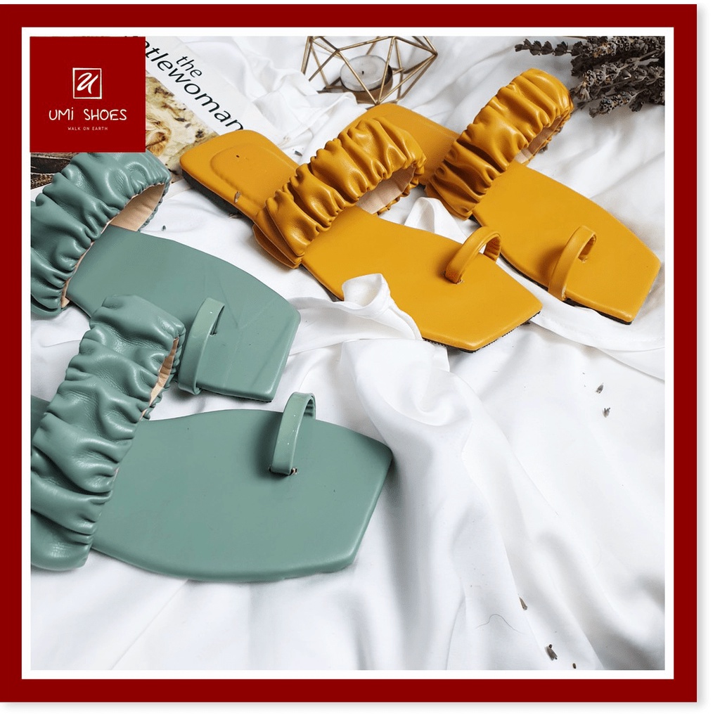★ ᗩᗰᗩᘔ𝗜ᑎ𝗚 𝗦𝗛𝗢𝗘𝗦 ★ Dép nữ thời trang xỏ ngón quai ngang bèo nhún dúm mũi vuông đế bệt mới đi chơi hè