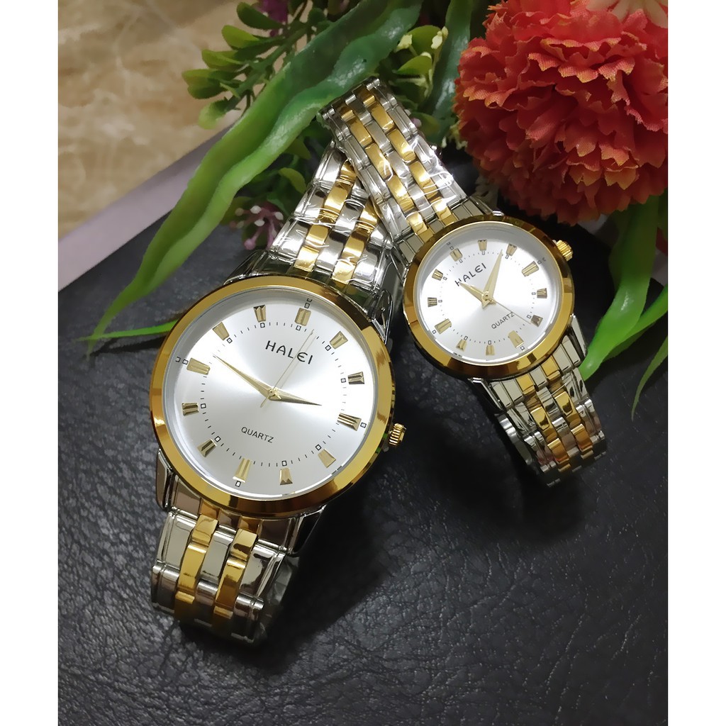 Đồng hồ đôi nam nữ halei 552DM mặt trắng dây vàng