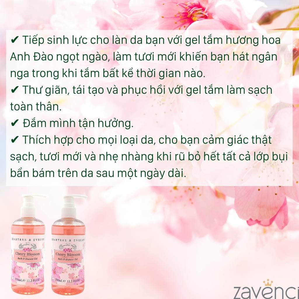 Sữa Tắm Nước Hoa CRABTREE & EVELYN Dưỡng Da Trắng Sáng Mềm Mịn Hương Hoa Anh Đào Tự Nhiên (330ml)