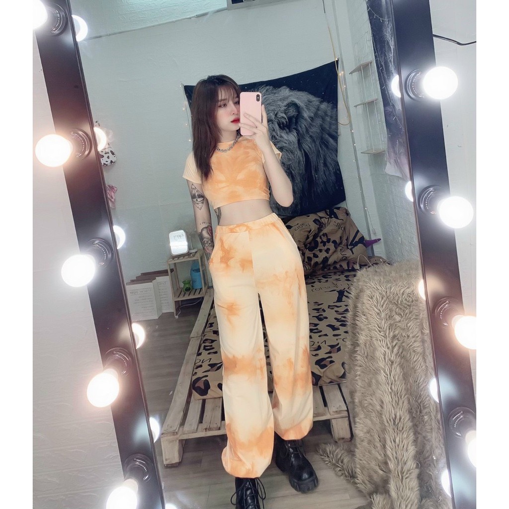 Sét bộ áo croptop phối quần dài bo ống phối màu loang trơn cực xinh , chất thun coton mềm mịn