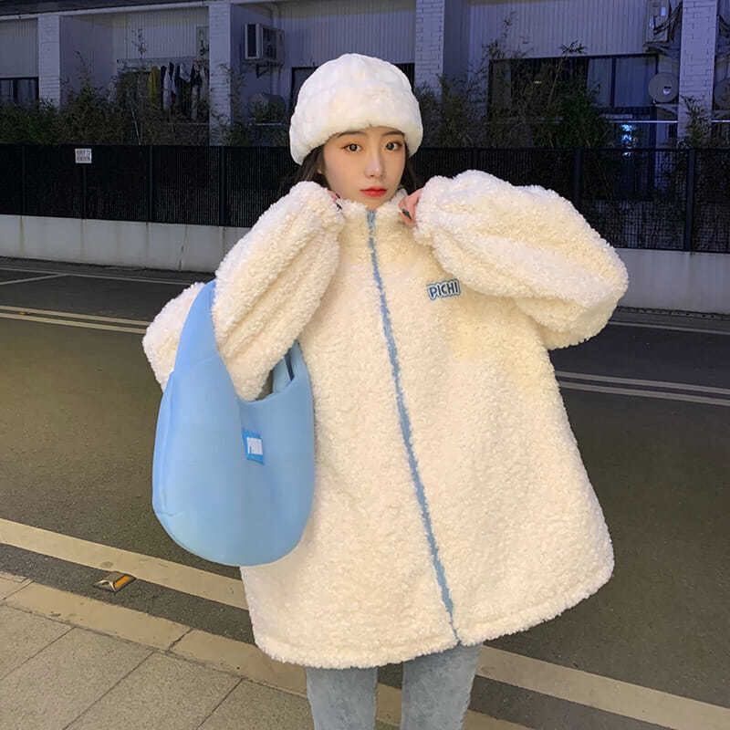 Áo khoác hoodie trắng kem khóa xanh lông cừu cực xinh | BigBuy360 - bigbuy360.vn