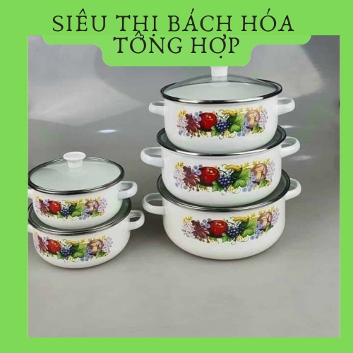 Bộ 5 nồi tráng men cao cấp Reoona giữ nhiết tốt có men sứ chống dính dùng trên tất cả loại bếp
