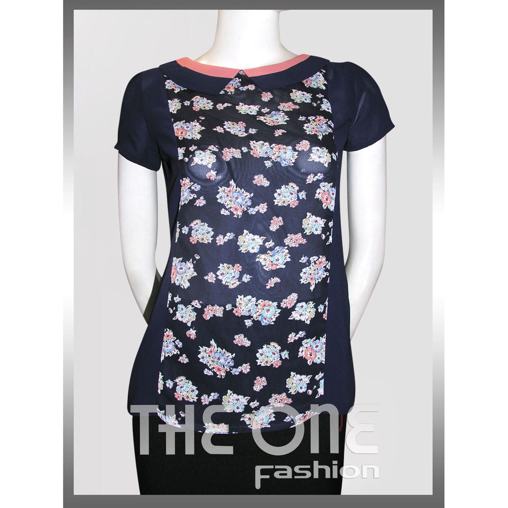 Áo sơ mi chiffon tím than tay cộc cổ peter pan hoa thân trước The One Fashion ADB0213TT
