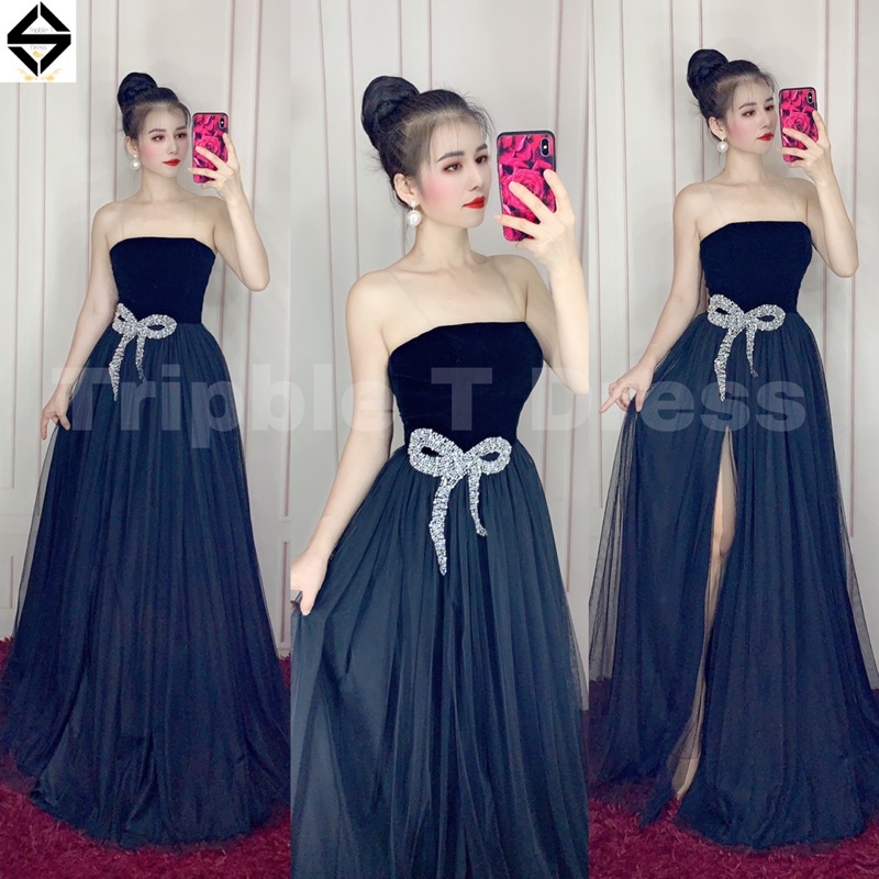 Đầm maxi dự tiệc cúp xẻ đùi kết cườm nơ lấp lánh eo TRIPBLE T DRESS - size S/M/L - MS204Y