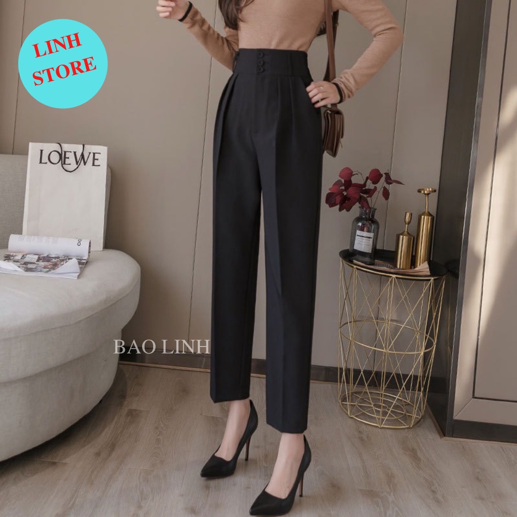 Quần Vải Nữ Công Sở Dáng Baggy Cạp Cao Phối 3 Cúc Mặc Đi Làm Đi Học Chất Liệu Tuyết Mưa