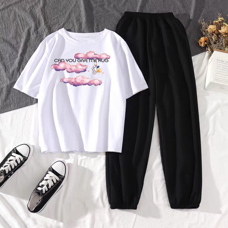 Sét Áo Mây hồng + quần bom chun, Áo thun from rộng, Chất đẹp không xù, quần suông ống rộng, Sét bộ mặc ở nhà - MODY