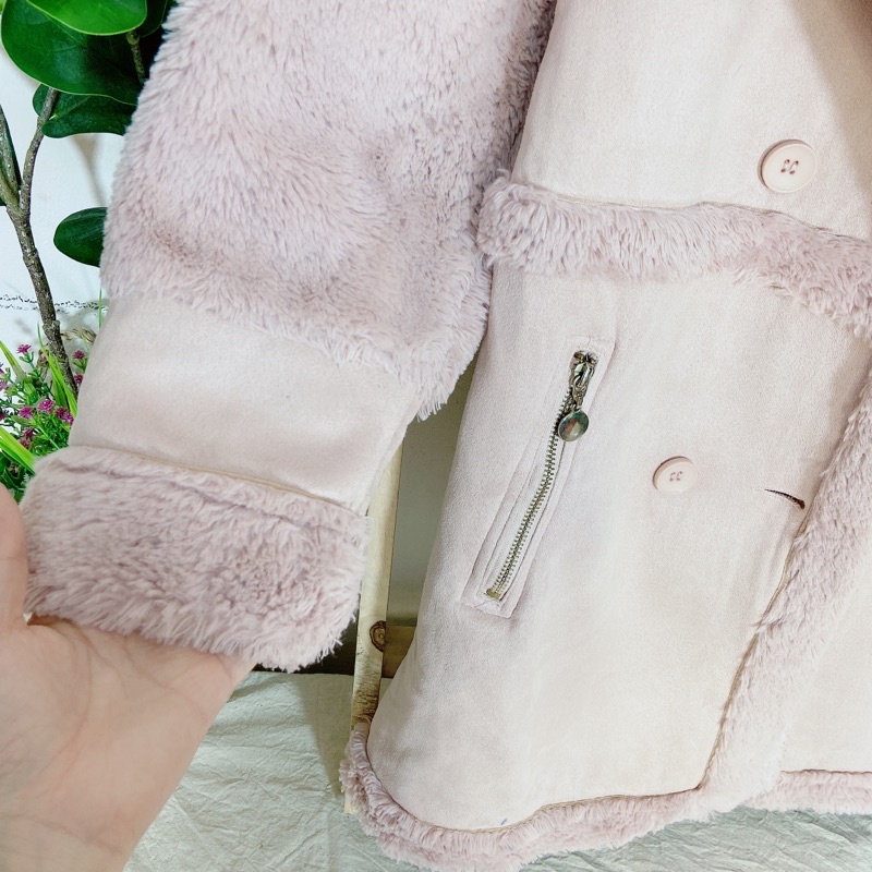 /Áo khoác da lộn lót lông nữ dáng lửng, cổ bẻ lông siêu dày túi khoá 2 bên