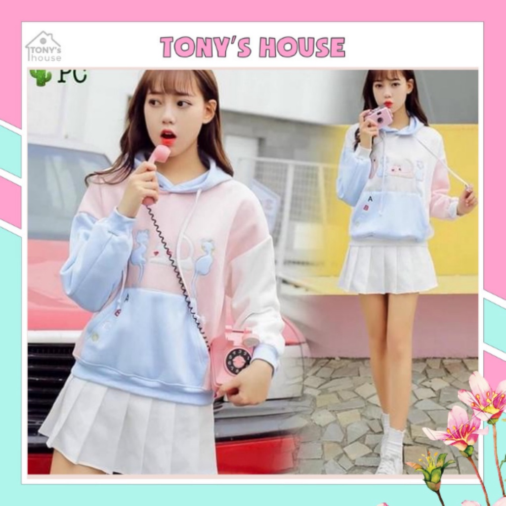 Áo khoác hoodie nữ thêu 4 con mèo ABCD chui đàu có mũ phối màu cực dễ thương