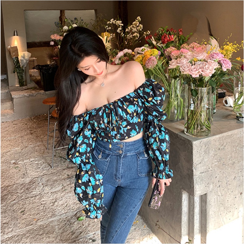 Áo Croptop Tay Dài Hoạ Tiết Hoa Thời Trang Mùa Hè Cho Phái Nữ