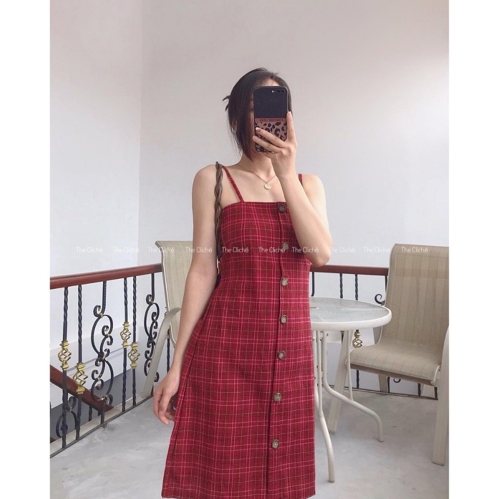 Váy hai dây caro đỏ thắt nơ lưng