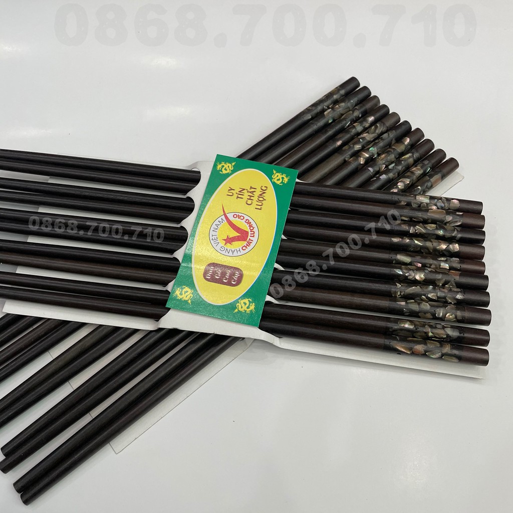 Đũa ăn gỗ Mun đen đầu tròn gắn vỏ bào ngư 10 đôi