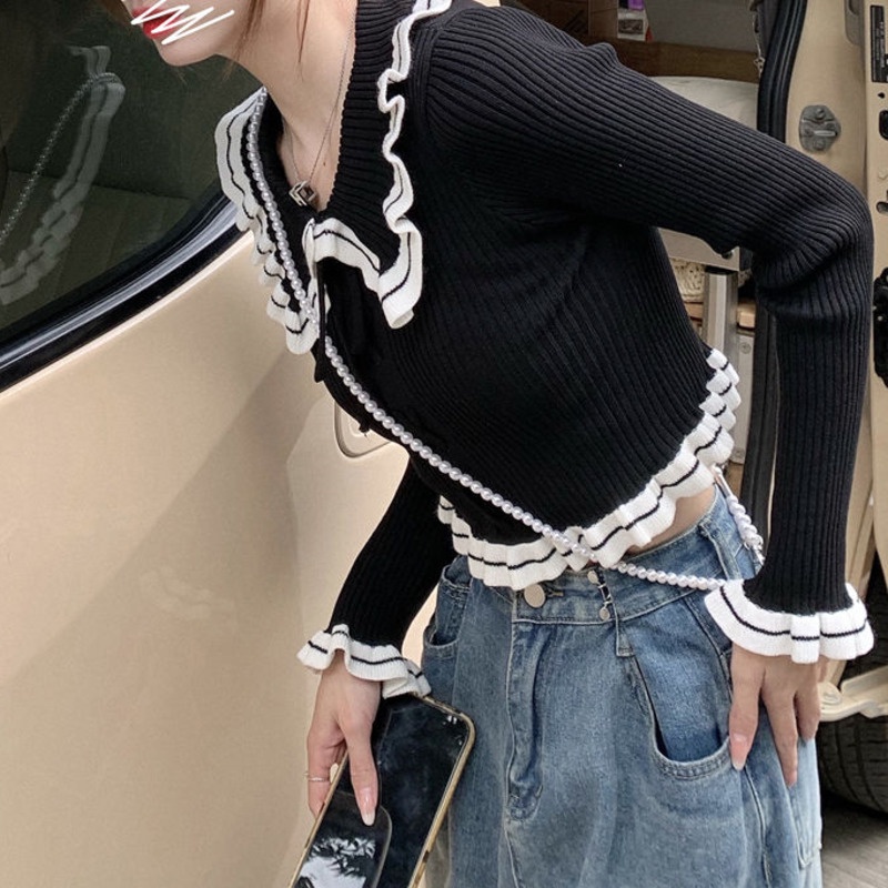 Áo len ngắn có cột dây với đường cắt tỉa thời trang mùa xuân độc đáo cho nữ