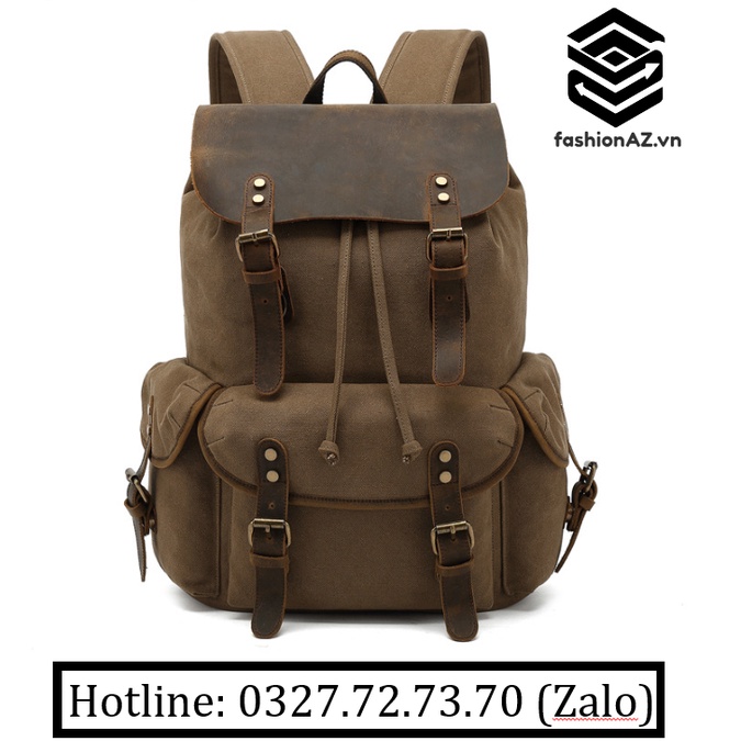 Ba Lô Du Lịch Phong Cách Cổ Điển Vintage Vải Canvas Sáp Dầu, Da Bò Sáp