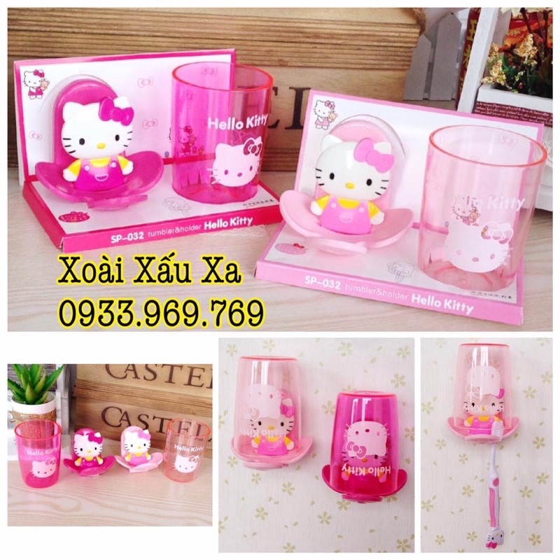Khay treo bàn chải đánh răng kèm ly nhựa trang trí phòng tắm dễ thương Kitty, Đoraemon