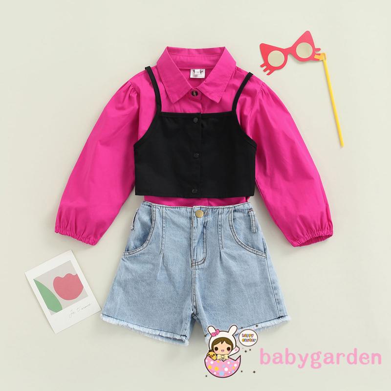 Set áo sơ mi tay dài + áo hai dây + quần short lưng cao cài nút thời trang thoải mái cho bé gái