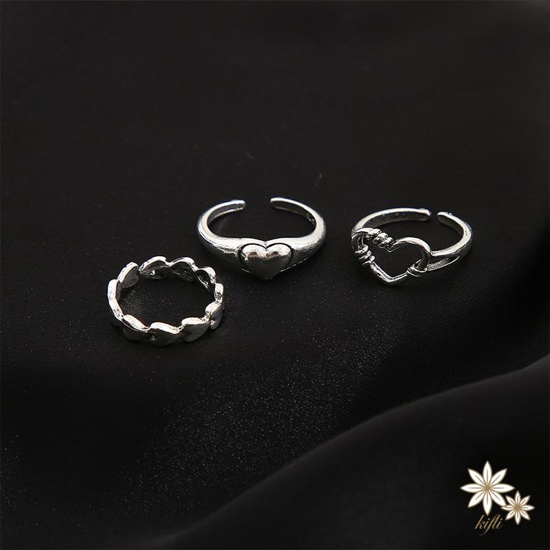 Bộ 3 Nhẫn Hở Màu Bạc Hình Trái Tim Phong Cách Gothic Cổ Điển Có Thể Điều Chỉnh Cho Nữ