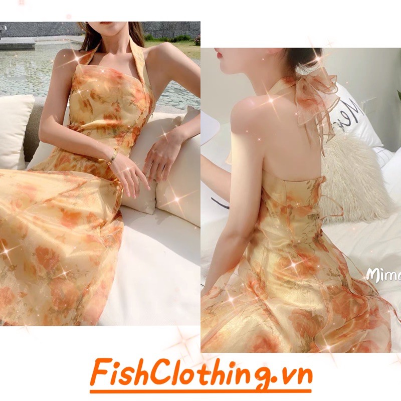 K SẴN🎀Đầm maxi voan công chúa cổ yếm cam xoè dài hở lưng hoa nhí đan dây tiểu thư vintage retro kiểu Pháp đi biển sexy