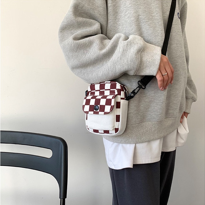 Túi chéo nam nữ phong cách unisex cá tính họa tiết Caro nổi bật túi vải mini đựng điện thoại, son, ví tiền đi chơi đẹp r
