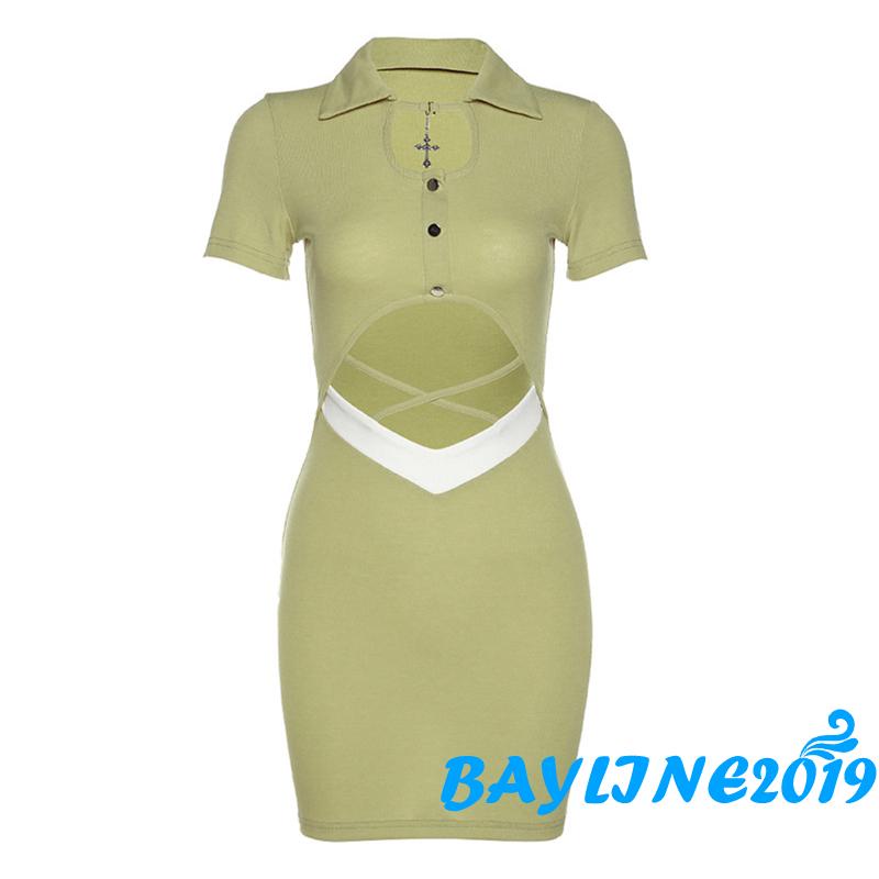 Đầm Ngắn Tay Dáng Ôm Màu Sắc Tương Phản Cài Nút Rỗng Gợi Cảm Cho Nữ