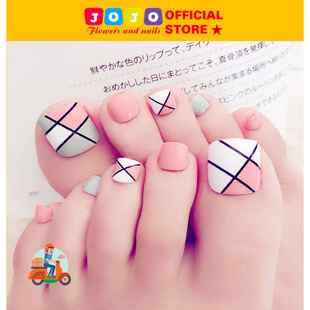 Set 24 móng chân giả họa tiết J44 Jojo móng giả thời trang kèm keo dán