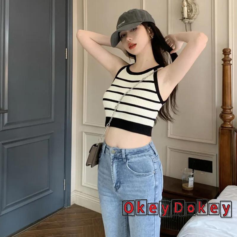 Áo Lửng Không Tay Cổ Tròn Họa Tiết Kẻ Sọc Vintage Cho Nữ