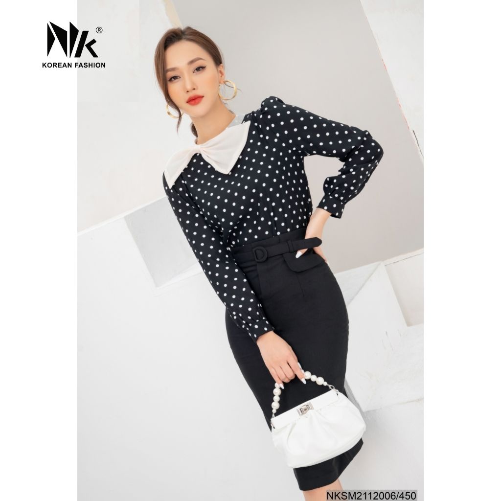 Áo Sơ Mi Nữ Dài Tay NK Fashion Cổ Phối Nơ Hoạ Tiết Chấm Bi, Chất Voan Lụa Mềm Mịn NKSM2112006