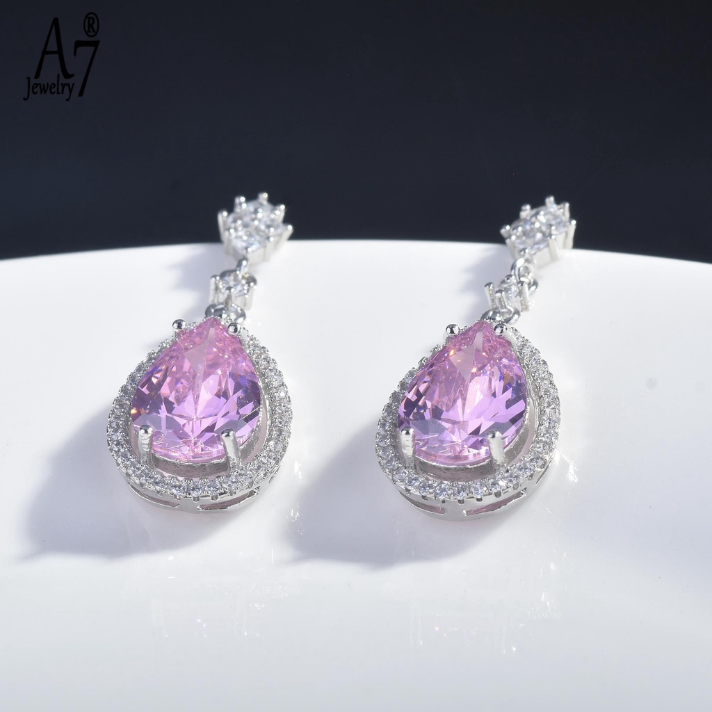 Bộ vòng cổ + bông tai mạ bạc 925 đính đá hình giọt nước màu hồng/xanh dương sang trọng