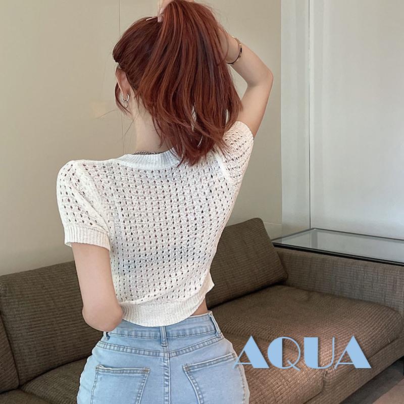Áo Croptop Dệt Kim Tay Ngắn Cổ Tròn In Họa Tiết Trái Tim Khoét Rỗng Phong Cách Đường Phố Cho Nữ