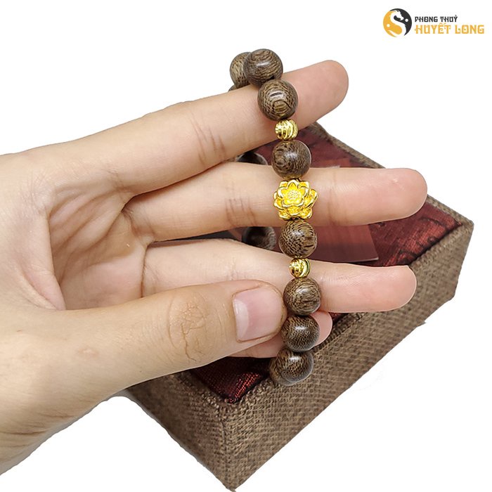 Vòng Tay Trầm Hương Mix Hoa Sen Bi Vàng, Vòng Tay Trầm Hương Phong Thủy