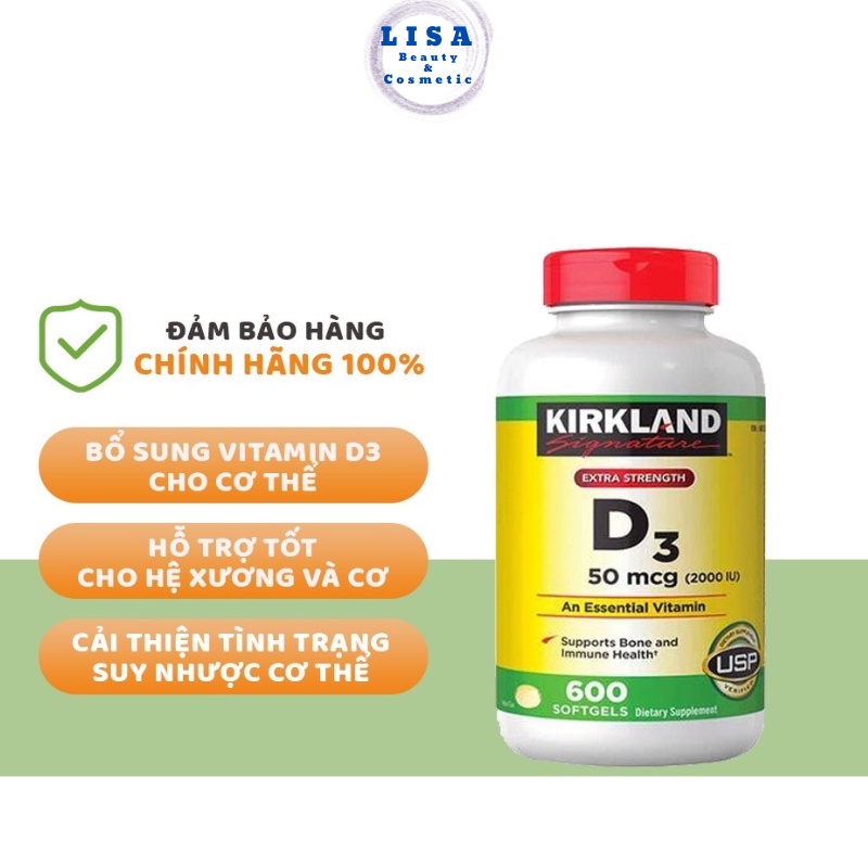 Viên Uống Hỗ Trợ Xương Khớp Vitamin D3 Kirkland Extra Strength D3 50mcg, Hộp 600 Viên Của Mỹ