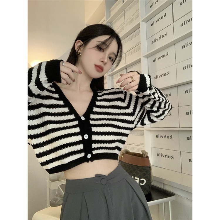 Porozi  Áo khoác cardigan dệt kim  cổ V tay dài họa tiết kẻ sọc phong cách thời trang Hàn Quốc cho nữ