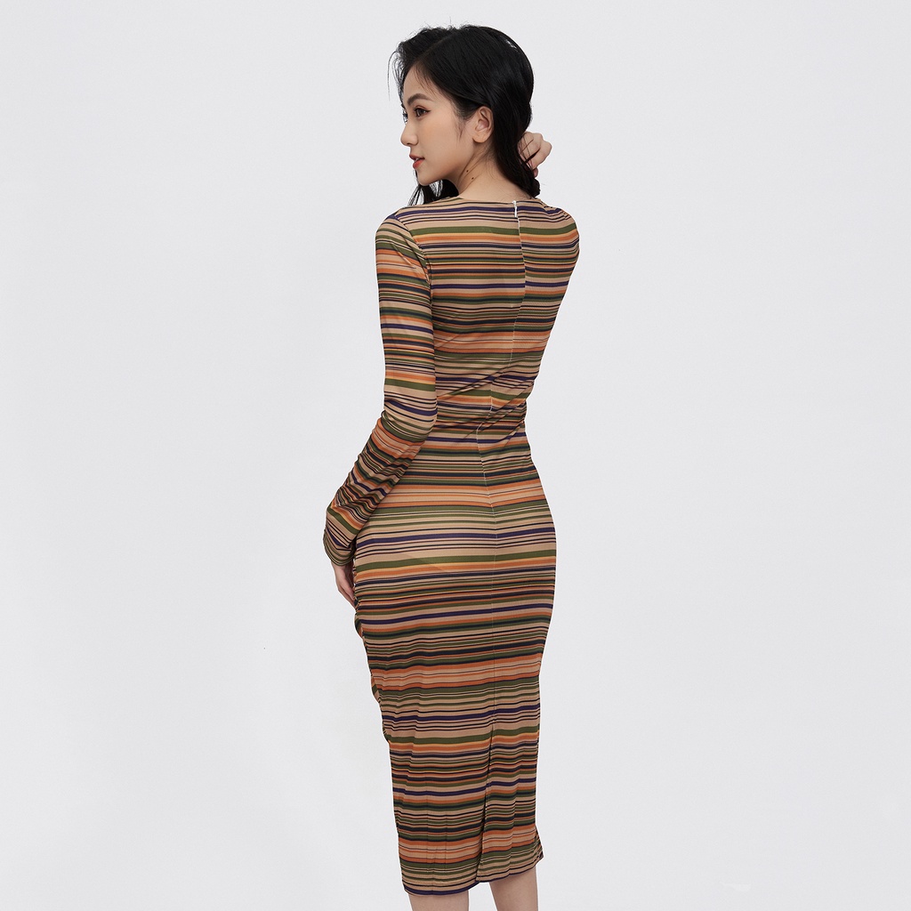 Đầm Body HECCI Cổ Tròn Nhiều Màu Tay Dài Phối Eo Nhún V122