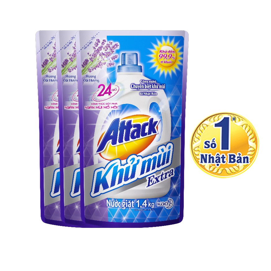 Combo 3 túi nước giặt Attack Khử Mùi Extra Hương Oải Hương túi 1.4kg