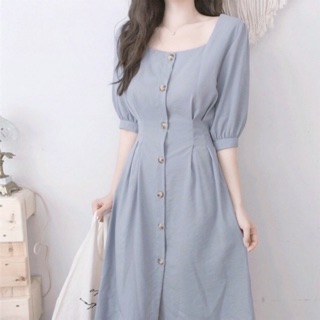 Đầm váy xám cổ vuông tay lỡ (kèm hình thật)