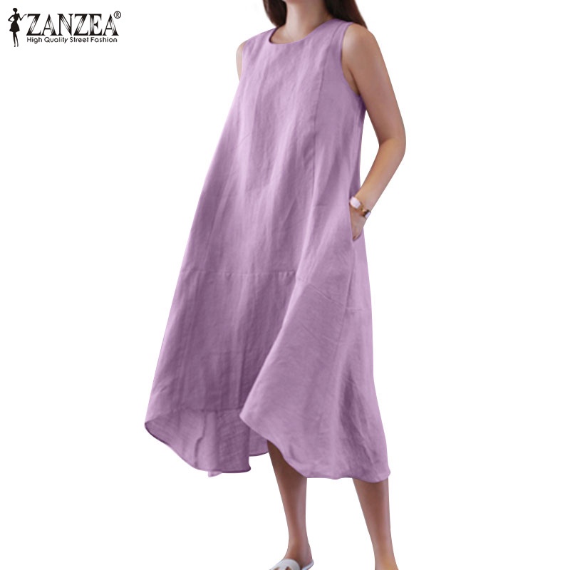 Đầm midi ZANZEA không tay cổ tròn dáng rộng thời trang cho nữ