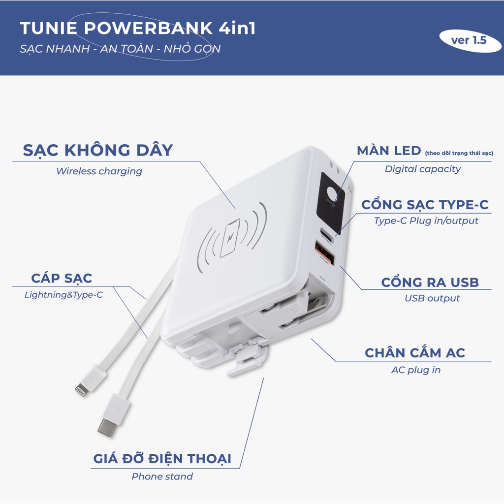 Sạc dự phòng Tunie 4in1 15000mAh hỗ trợ sạc nhanh, kèm cáp sạc, sạc không dây, màn LED hiển thị