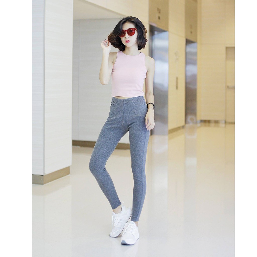 Quần Legging Lưng Liền Xám Trơn Thun Co Giãn Mềm Mại