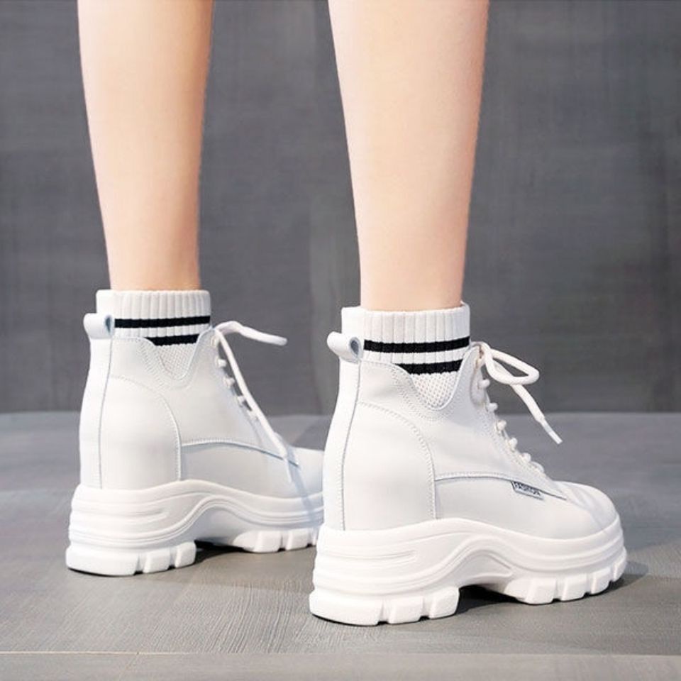 Giày bốt nữ cổ chun sọc đen trắng da mềm độn phong cách Anh quốc cổ cao đế cao | BigBuy360 - bigbuy360.vn