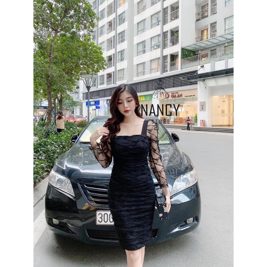 Đầm body thiết kế đen phối tay ren chữ cổ vuông sang chảnh đi dự tiệc tôn lên vẻ đẹp quý phái cho chi em