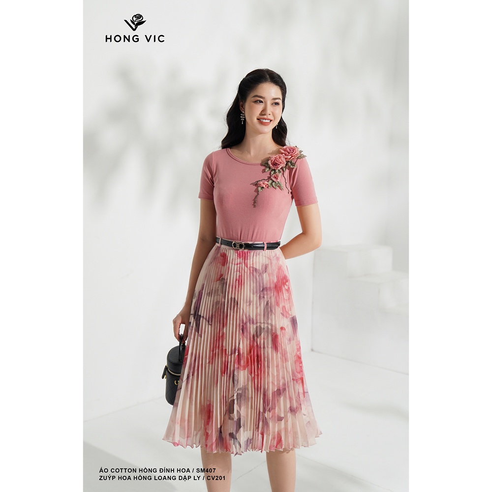 Chân váy nữ thiết kế Hong Vic hoa hồng loang dập ly CV201