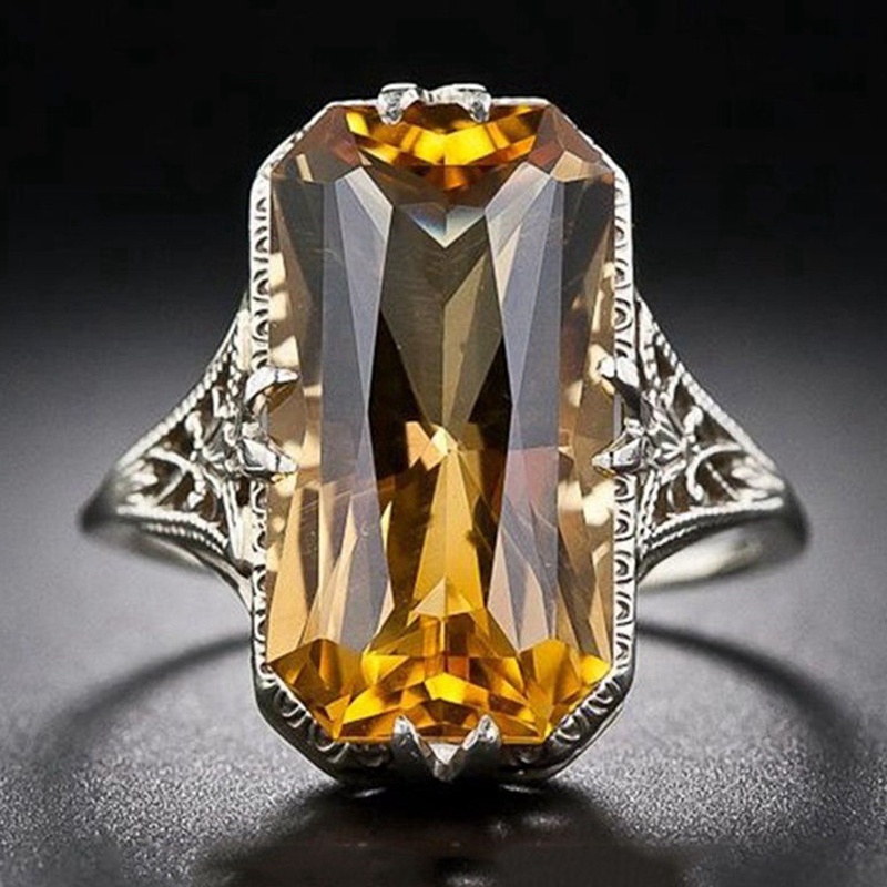 Ring Baguette Emerald Cut Lemon Yellow Citrine Retro Hollow Diamond Jewelry Birthday Proposal Gift