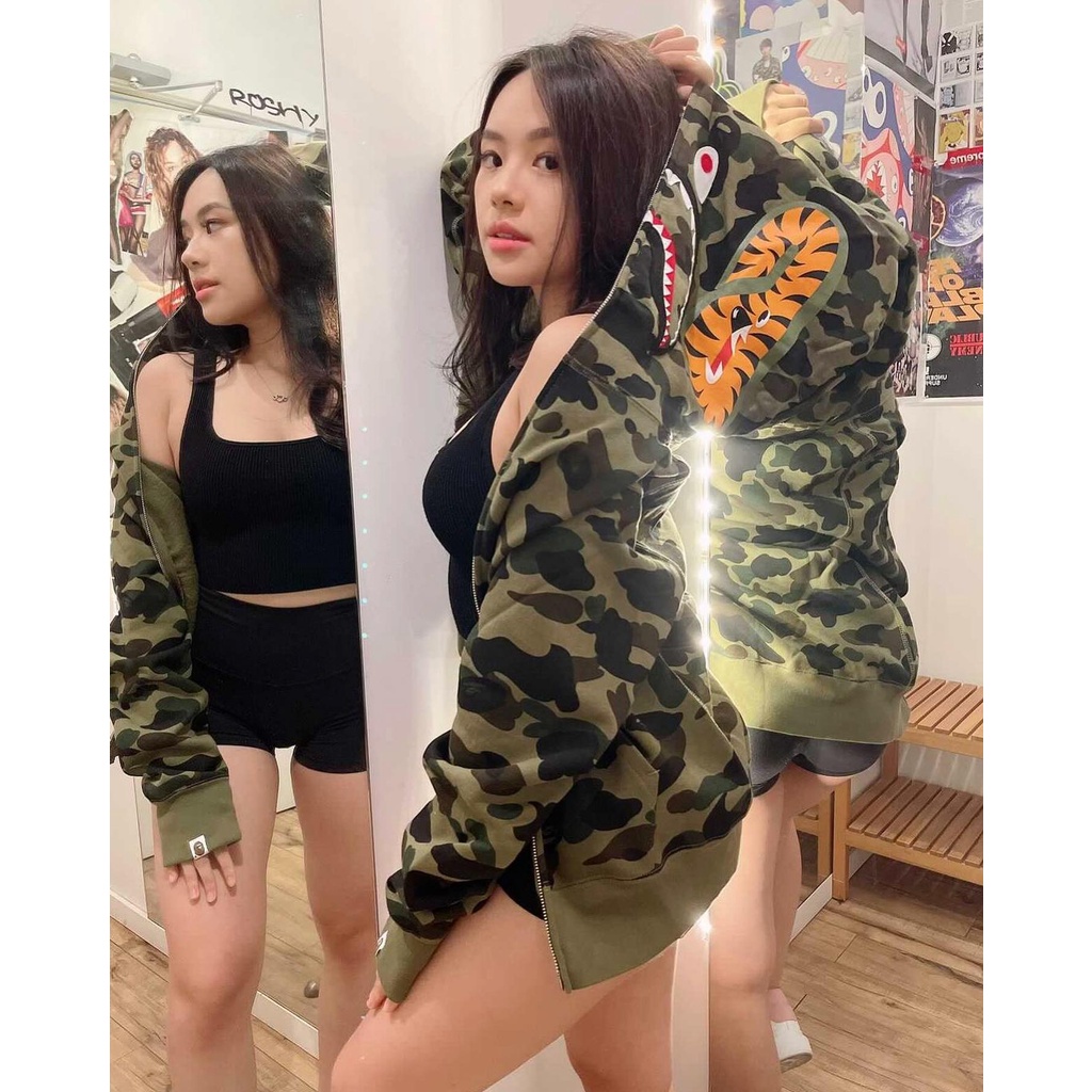 Áo Hoodie Jacket Bape Shark Camo, Bape Hoodiefullzip, Họa tiết thêu, Chất liệu Cotton nỉ chân cua, Màu Green