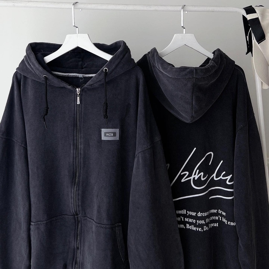 [sẵn]Áo khoác tay dài form rộng in chữ WZS vải wax lót bông (ảnh thật tại shop) Tanazi closet