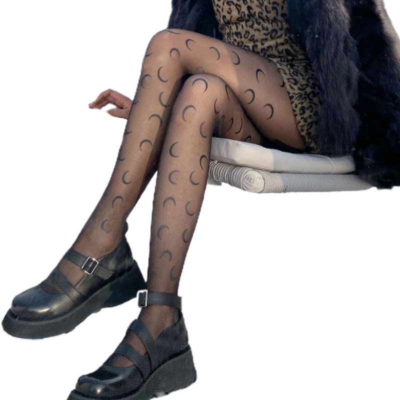 Xiangbao Quần Tất Mỏng Trong Suốt In Hình Trăng Lưỡi Liềm Phong Cách Punk Gothic Harajuku Nhật Bản Cho Nữ Clu